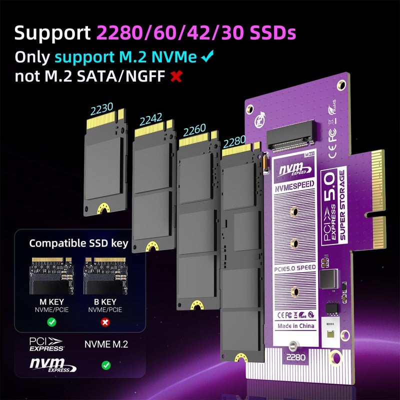 JEYI PCIe 5.0 4X to M.2 NVMe Adapter Card - Aluminum Heatsink for Gen5 SSDs, 128Gbps PCIe 5.0 x4/x8/x16 Slot, High-Speed SSD Expansion Card for Gaming/Workstation PCs - Image 3